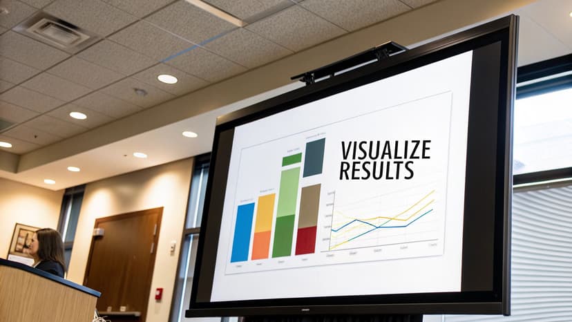 A person pointing at a laptop screen with charts and graphs, representing survey analysis.
