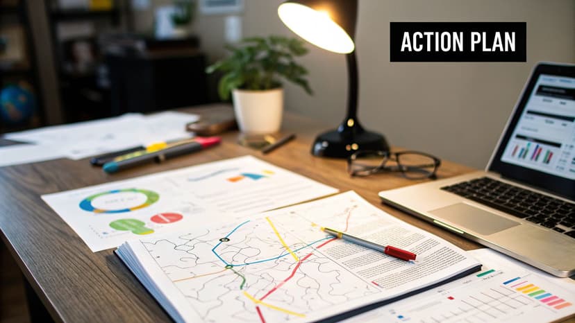 A team collaborating on a strategic plan with charts and graphs